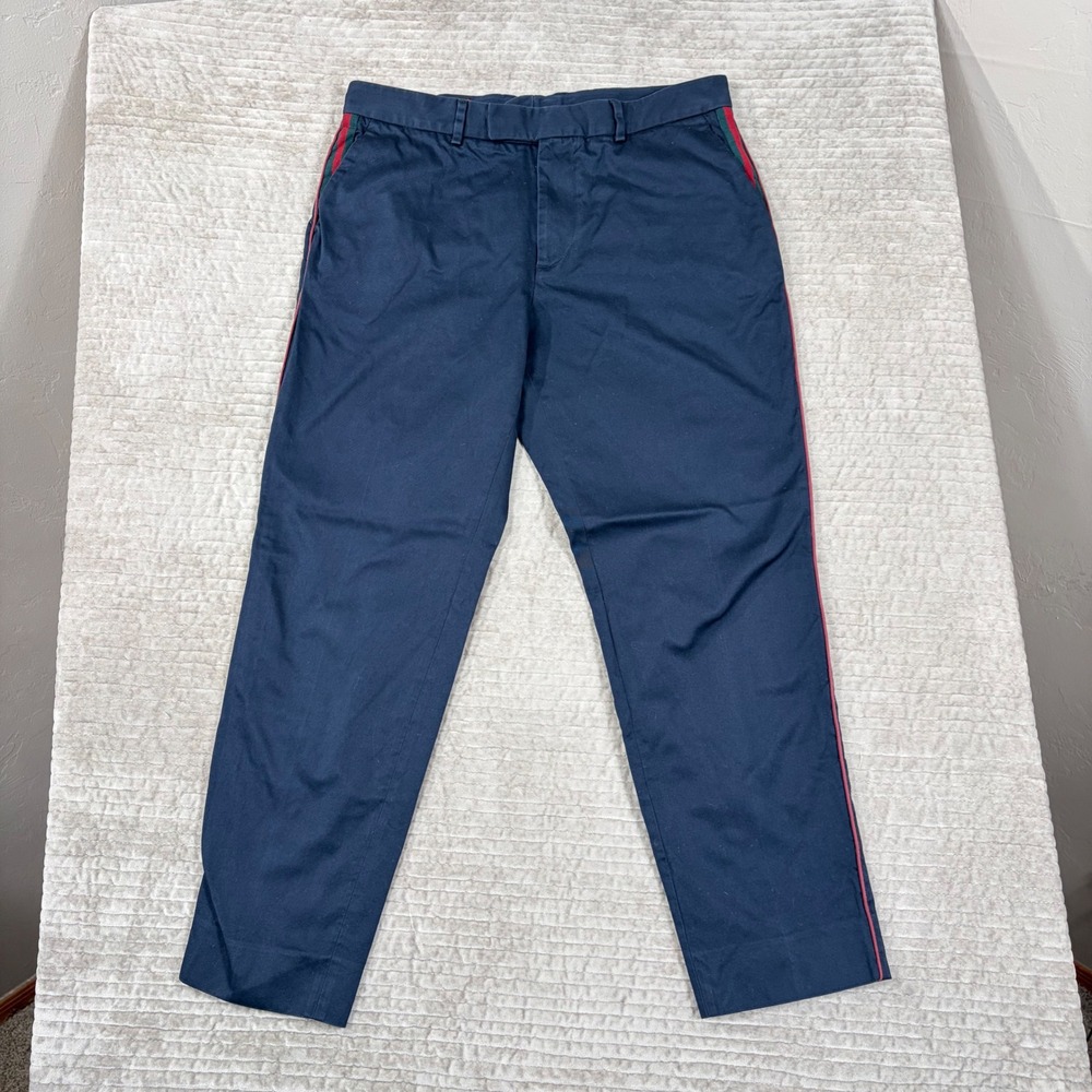 Gucci Mens Navy Blue Web Stripe Cotton Twill Trousers Size 52 Made in Italy